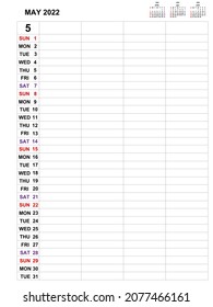 May 2022 , Calendar template design for Business monthly planner and notes. Week starts on Sunday , Monthly planner for 2021 year and Stationery vector design.