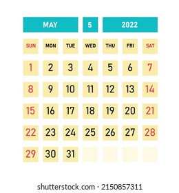 MAY 2022 calendar template design. Desktop calendar in simple style. Corporate or business calendar. English vector calendar.
Sunday is at the beginning of the week.