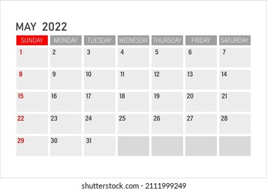 may 2022 Calendar. may 2022 Calendar vector illustration. Wall Desk Calendar Vector Template, Simple Minimal Design. Wall Calendar Template For may 2022.