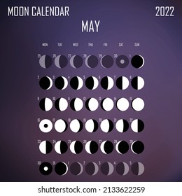May 2022 Moon calendar. Astrological calendar design. planner. Place for stickers. Month cycle planner mockup. Isolated color liquid background.