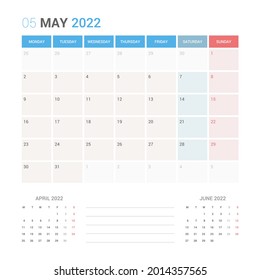 Mayo 2022 La semana del calendario de planificadores comienza el lunes. Vector de plantilla de planificador de calendario simple y limpio.