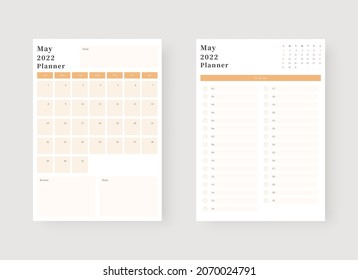 May 2022 planner template set. Set of planner and to do list. Monthly, weekly, daily planner template. Vector illustration.