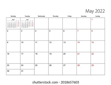 May 2022 simple calendar planner, week starts from Monday. Vector calendar planner.