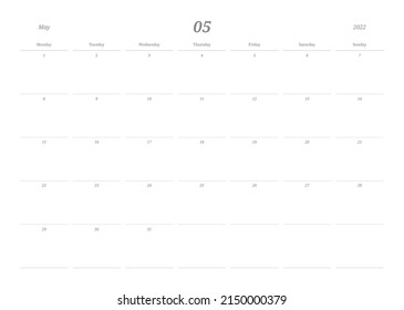 May 2022 simple design digital and printable calendar template illustration. Notes, scheduler, diary, calendar, memo, planner document template background. 