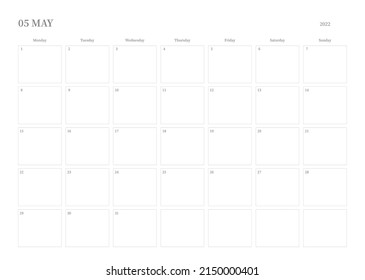 May 2022 simple design digital and printable calendar template illustration. Notes, scheduler, diary, calendar, memo, planner document template background. 