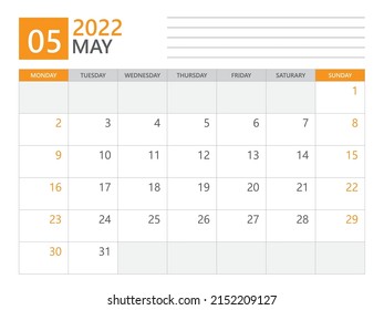 Vorlage Mai 2022, Kalenderplaner 2022, Woche beginnt am Montag, Schreibtischkalender 2022 Jahr, einfaches und sauberes Design, Wall-Kalender-Design, Corporate Design-Planer-Vorlage, Druckmedien-Vektorgrafik