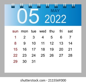 May 2022. Vector monthly calendar template 2022 year in simple style for template design. Week starts from Sunday.