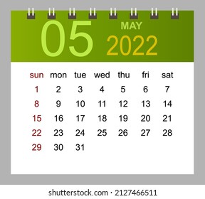 May 2022. Vector monthly calendar template 2022 year in simple style for template design. Week starts from Sunday.