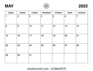 May 2022 year planner template, calendar 2022 template, monthly and yearly planners. organizer diary. week start Sunday, corporate planner template, Desk calendar 2022 year, Vector illustration