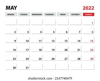 Planervorlage Mai 2022, Vorlage Kalender 2022, monatliche und jährliche Planer. Organigertagebuch. Montag-Wochenbeginn, Vorlage für Firmenplaner, Desk-Kalender 2022, Horizontales Layout, Vektorgrafik