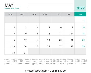 May 2022-Calendar 2022 template vector on green background, week start on monday, Desk calendar 2022 year, Wall calendar design, corporate planner template, Stationery, organizer diary, vector