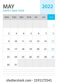 May 2022-Calendar 2022 template vector on blue background, week start on monday, Desk calendar 2022 year, Wall calendar design, corporate planner template, Stationery, organizer diary, vector