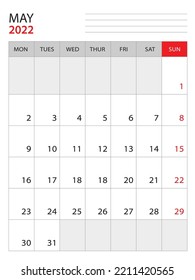 May 2022-Calendar 2022 template vector illustration, week start on monday, Wall calendar 2022 design, Desk calendar template, corporate planner template, Stationery, organizer diary, vector