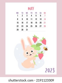 May 2023 calendar. Cute bunny with bouquet of strawberries and funny bee. Vector illustration. Vertical Template. Week from Monday In English. 2023 year rabbit to Chinese zodiac.