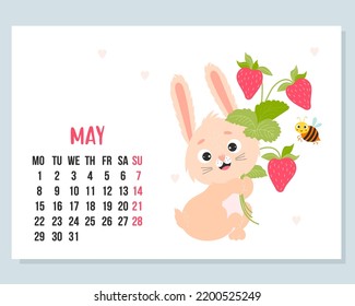 May 2023 calendar. Cute bunny with bouquet of strawberries and funny bee. Vector illustration. horizontal Template. Week from Monday In English. 2023 year rabbit  to Chinese zodiac