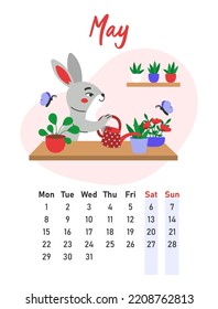 May 2023 calendar. The hare is watering flowerpots. Flat vector illustration. 