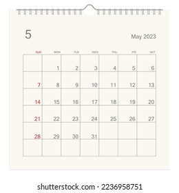 May 2023 calendar page on white background. Calendar background for reminder, business planning, appointment meeting and event. Week starts from Sunday. Vector illustration.