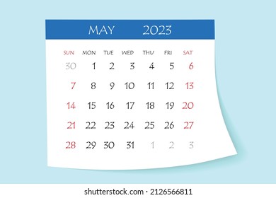 May 2023 calendar planner. Corporate week. Template layout, 12 months yearly, white background. Simple design for business brochure, flyer, print media, advertisement. Week starts from Monday.