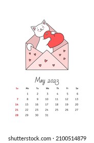Kalender Mai 2023. Kalendervorlage mit einer süßen weißen Katze in Liebe dekoriert. Vektorgrafik 10 EPS.