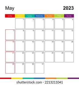 May 2023 colorful wall calendar, week starts on Sunday. 2023 Calendar template.
