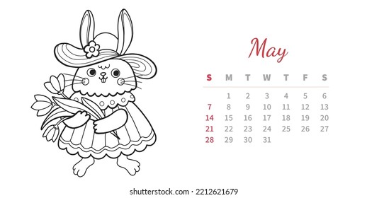 May 2023 horizontal calendar page with cute outline bunny. Rabbit girl with flower. Chinese new year symbol. Coloring book vector illustration.