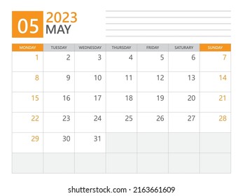 May 2023 template, Calendar planner 2023, week start on Monday, Desk calendar 2023 year, simple planner and clean design, Wall calendar design, Corporate planner template, print media vector