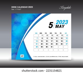 May 2023 template- Desk Calendar 2023 year template, wall calendar 2023 year, Week starts Sunday, Planner design, Stationery design, flyer design, printing media, blue curve backgrund vector