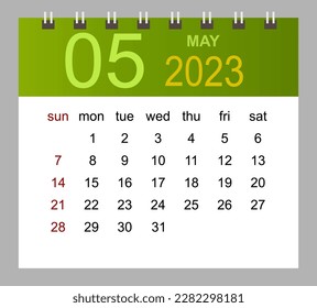 May 2023. Vector monthly calendar template 2023 year in simple style for template design. Week starts from Sunday.