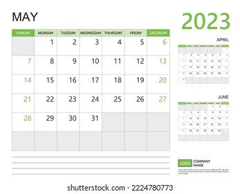 Mayo de 2023 año, plantilla de calendario 2023, semana de inicio el domingo, calendario de escritorio 2023 diseño, diseño sencillo y limpio fondo verde, calendario de pared, plantilla de planificación de diseño corporativo vector