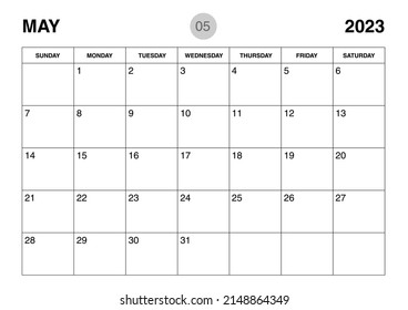 May 2023 year planner template, calendar 2023 template, monthly and yearly planners. organizer diary. week start Sunday, corporate planner template, Desk calendar 2023 year, Vector illustration