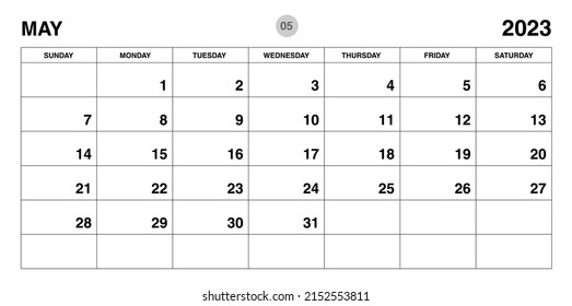 Plantilla de planificación de mayo de 2023, plantilla de calendario 2023, planificadores mensuales y anuales. diario de organizadores. domingo de inicio de semana, plantilla de planificador corporativo, calendario de escritorio 2023, Diseño horizontal, vector