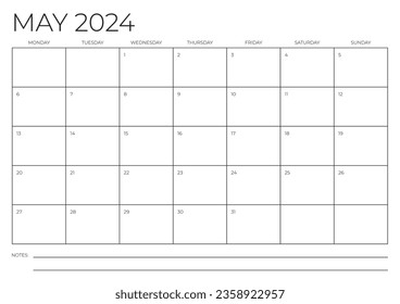 May 2024 A4 Calendar Template. Monday to Sunday. Blank Calendar. Stationery design. Vector illustration.