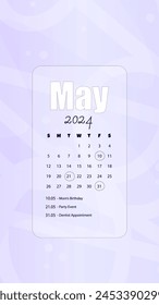 May 2024 Business Monthly Calendar On Light Purple  Abstract Wallpaper Background Instagram Stories Mobile Vector Design