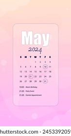 Mai 2024 Geschäftsmonatskalender auf rosa abstrakte Tapete Handy Instagram Stories Vektorgrafik Design