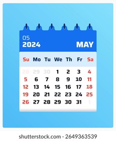 May 2024 calendar. Blue calendar portrait. 2024 Weekend starts on sunday and saturday. Simple design. Monthly planner view may 2024. Vector illustration