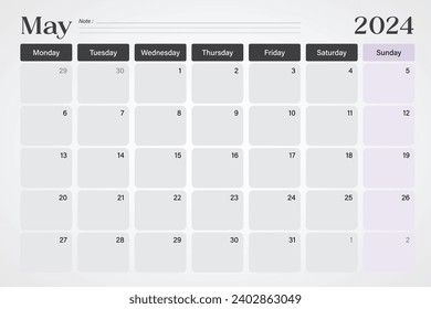 May 2024 calendar or desk planner in soft gray and purple colors with empty note lines, weeks start on Monday, vector illustration design