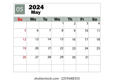 May 2024 calendar. Diary calendar. Daily planner. Vector illustration.