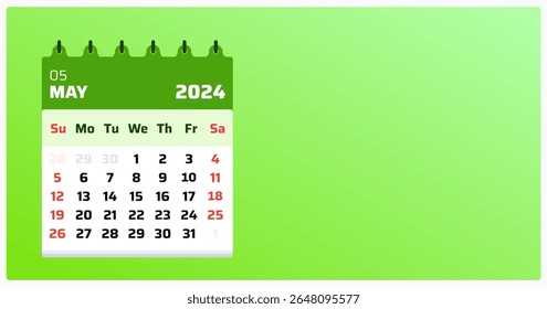 Calendário de maio de 2024. Paisagem do calendário verde. Dias de fim de semana 2024 domingo e sábado. Modelo de layout de calendário para maio de 2024. Ilustração vetorial.