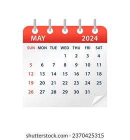 May 2024 Calendar Leaf. Calendar 2024 in flat style. Calendar 2024 week start Sunday corporate design planner template. Wall calendar. Vector illustration