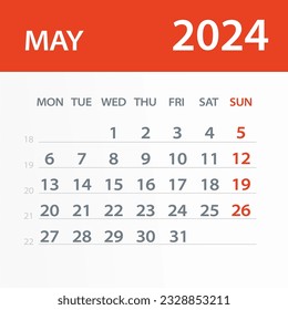 Hoja del Calendario de Mayo de 2024 - Ilustración. página de gráfico de vector