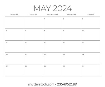 May 2024 Calendar. Monday through Friday Work Week. Blank Calendar Template. Fits Letter Size Page. Stationery Design.