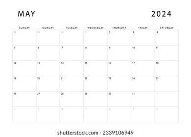 May 2024 calendar. Monthly planner template. Sunday start. Vector design