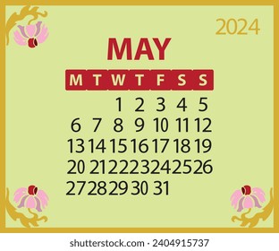 Calendario imprimible de mayo de 2024, plantilla de calendario 