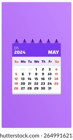 Calendário de maio de 2024. História de calendário roxa. Fim de semana de 2024, sábado e domingo. Modelo de layout. Calendário mensal para maio de 2024. Ilustração vetorial
