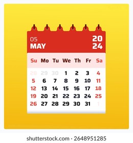 May 2024 calendar. Red calendar square. 2024 Weekend starting sunday. Clean layout design. Date format of calendar may 2024. Vector illustration
