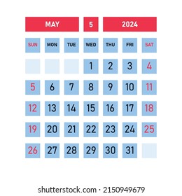 diseño de plantilla de calendario de mayo de 2024. Calendario de escritorio con un estilo sencillo. Calendario corporativo o comercial. Calendario vectorial inglés.
El domingo es al comienzo de la semana.
