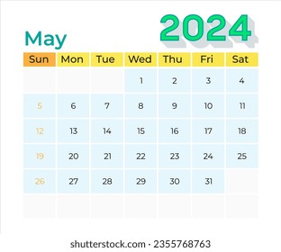 May  2024 Calendar. 2024 Calendar vector illustration. Wall Desk Calendar Vector Template, Simple Minimal Design. Wall Calendar Template For May 2024