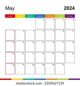 May 2024 colorful wall calendar, week starts on Sunday. 2024 Calendar template.