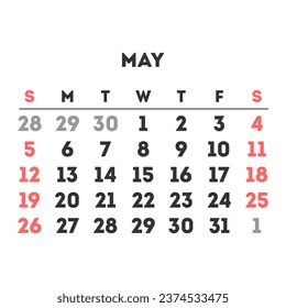 May 2024 month calendar. Vector illustration.