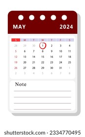 May 2024 note calendar template. Vector design